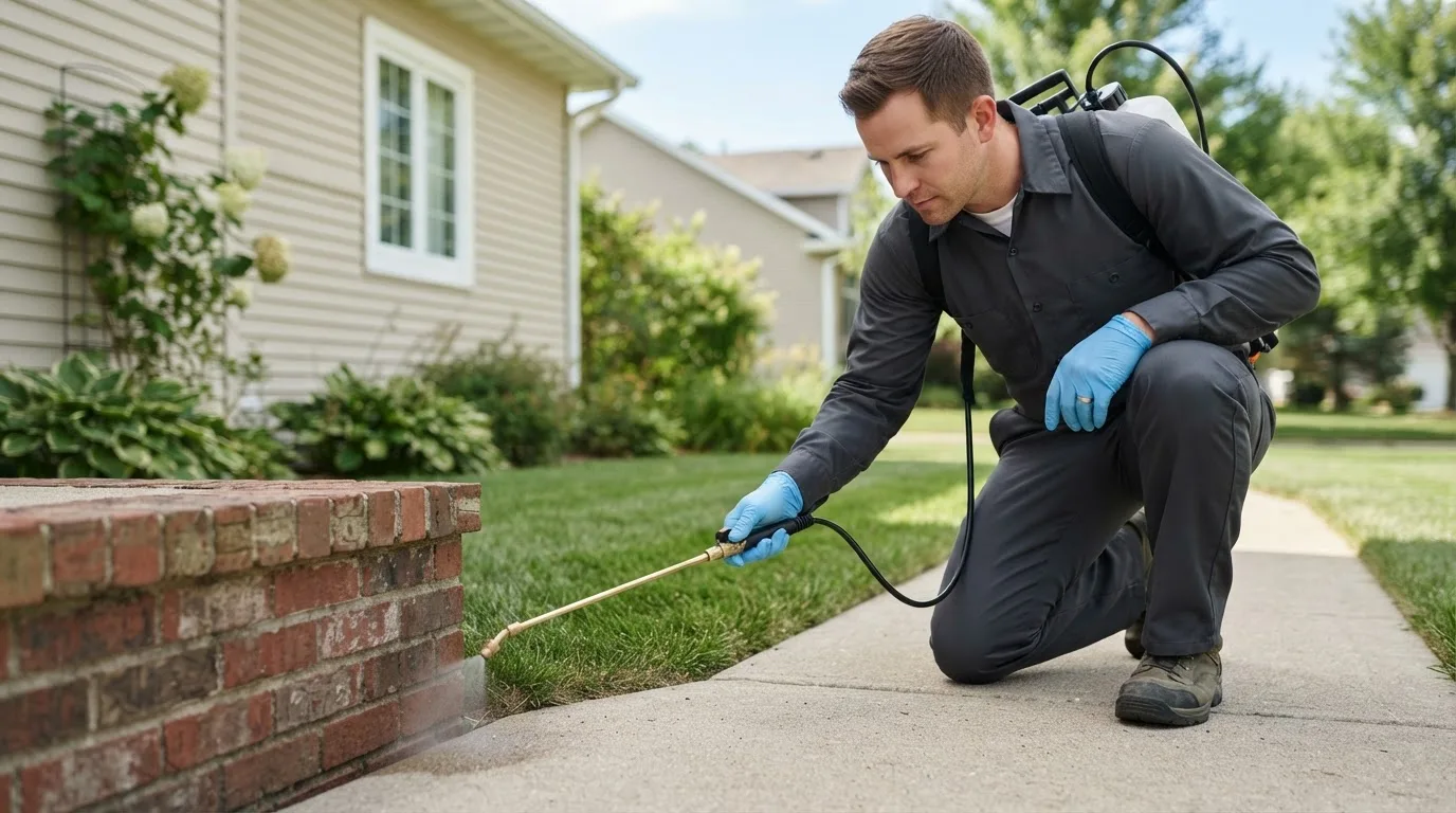 Pest control technician treating a home near North Palm Springs, CA